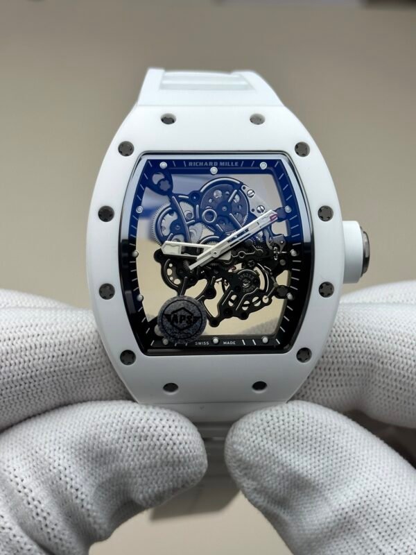 Richard Mille 43mm RM055 White Ceramics White Rubber Strap Black Skeletonized Dial