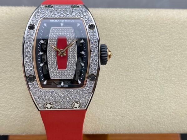 BBA Factory Richard Mille RM07 31.4mm Diamond&White Gold Red Rubber Strap Skeletonized Black Dial