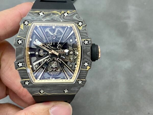 YS Factory Tourbillon Richard Mille RM12-01 42mm Carbon Fiber Rubber Strap Tourbillon Skeleton Dial